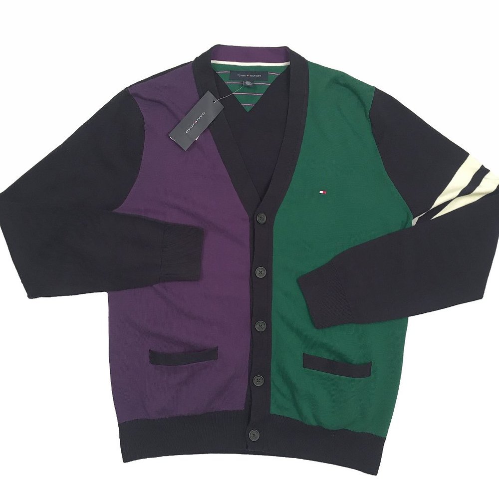 NEW Tommy Hilfiger Cardigan Sweater! Purple Navy & Green 2 Pockets Button Front